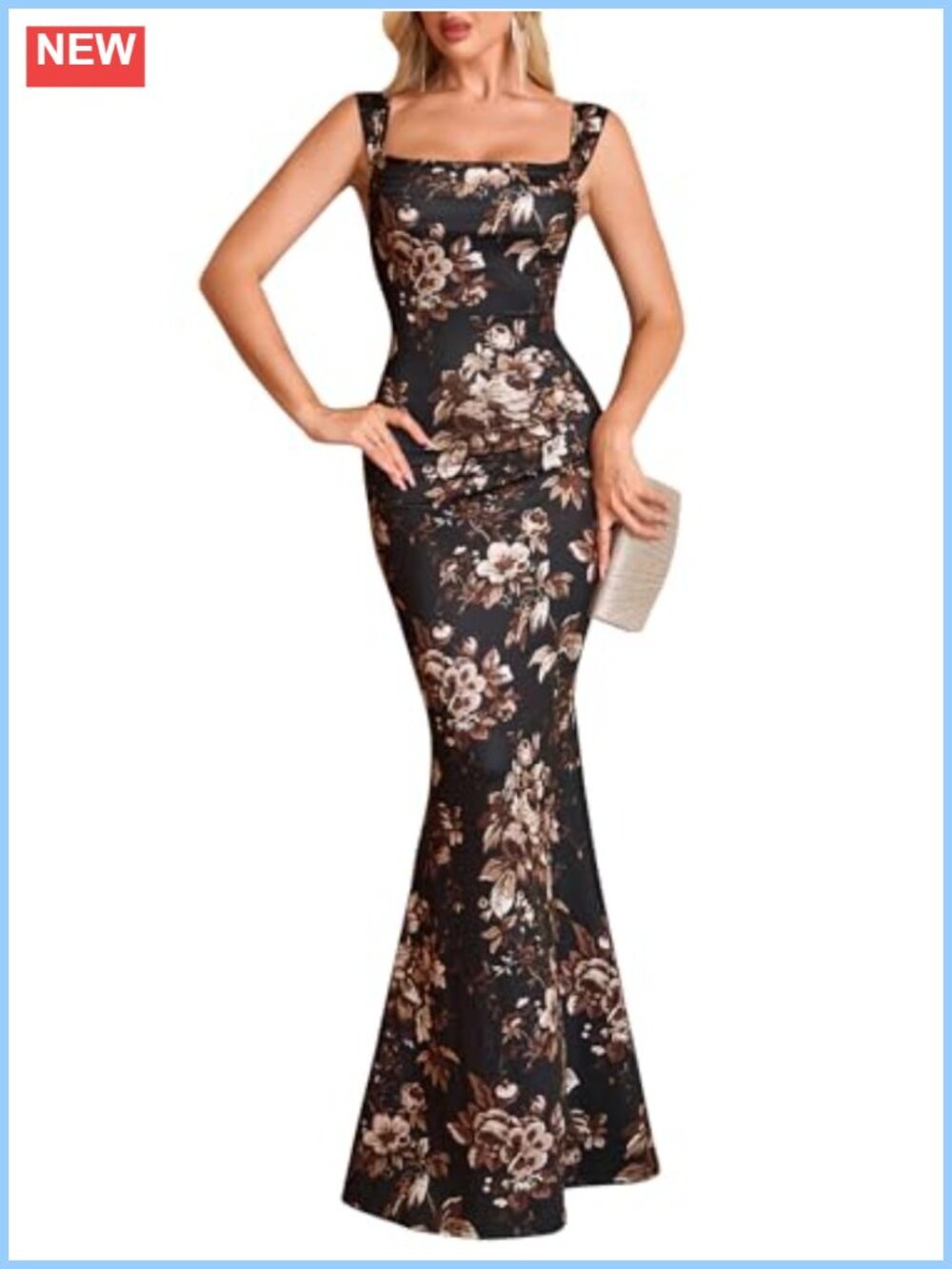 Floral Bodycon Maxi Dress Cowl Neck Sleeveless Mermaid Hem Wedding Guest
